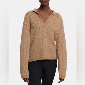 NWT Theory Beige Felted Wool-Cashmere Cable Knit Polo Sweater